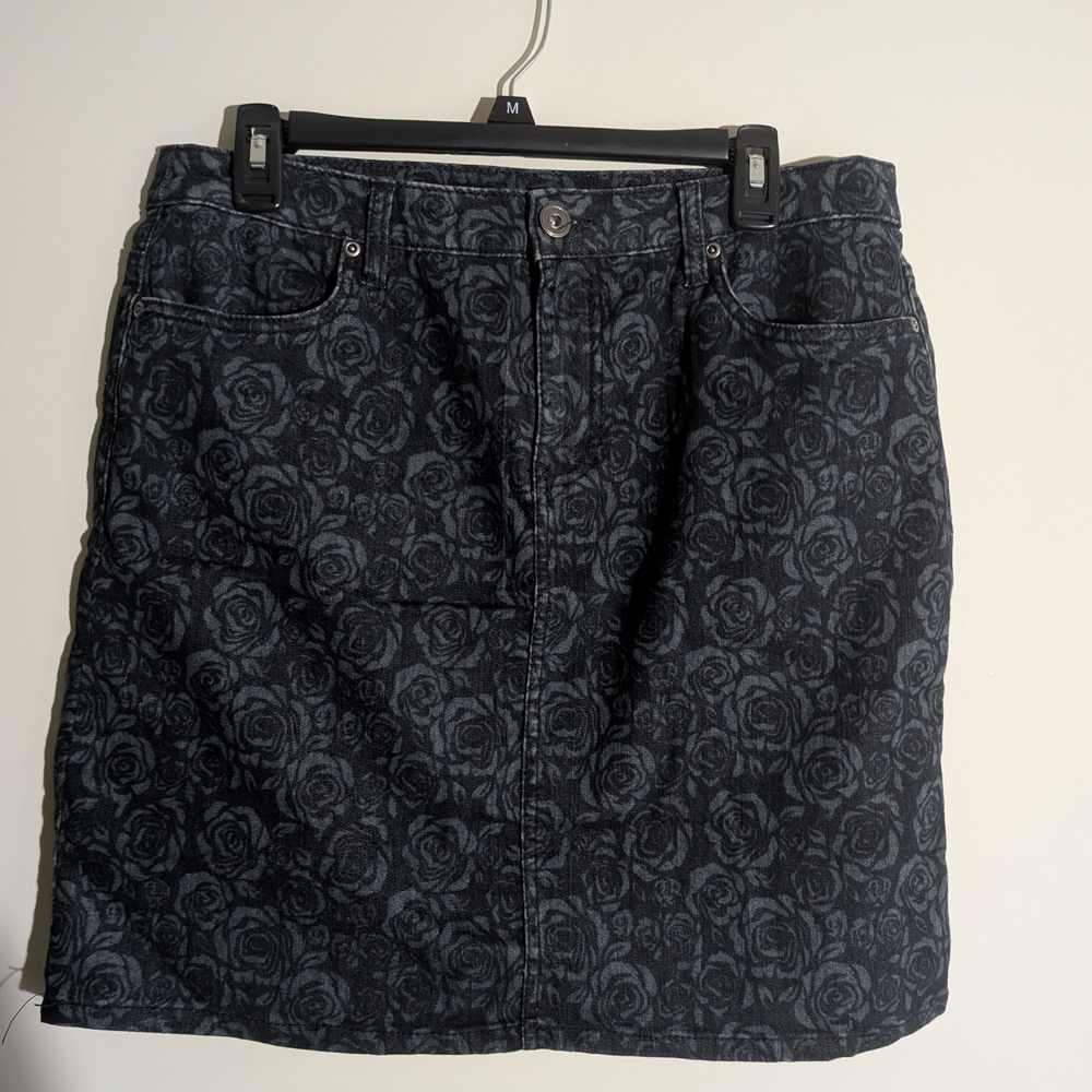 Floral Black Denim Skirt